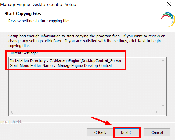 ManageEngine Desktop Central Kurulum Copying Files