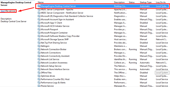 ManageEngine Desktop Central Kurulum Servis Başlatma