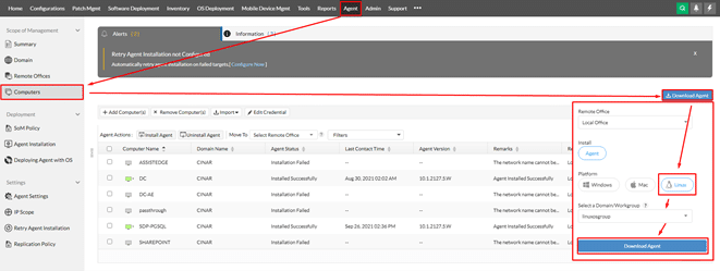 ManageEngine Desktop Central Linux Kurulum Download Agent