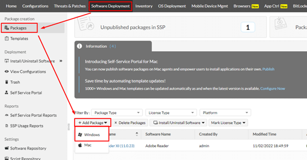 Packages alanından Windows işletim sistemi seçilir.