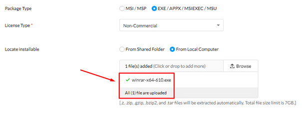 From Local Computer” alanından “Winrar” kurulum dosyasını yüklüyoruz